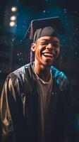 portret van zwart Amerikaans jong Mens vervelend een diploma uitreiking pet dansen Bij de feest. feestelijk bokeh achtergrond. generatief ai illustratie foto