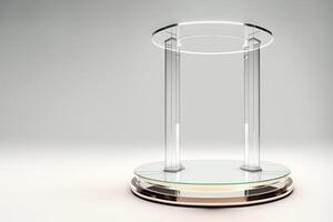 glas rotonde podium voor Product presentatie Aan een wit achtergrond. generatief ai illustratie foto