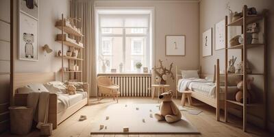 ai gegenereerd. ai generatief. fotorealistisch kinderkamer kamer in knus warm familie Scandinavisch stijl. huis appartement levensstijl liefde groot familie kinderen uitstraling. grafisch kunst foto