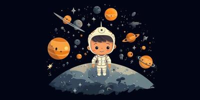 ai gegenereerd. 2d jongen kind persoon Mens karakter Bij maan heelal. astronaut in heelal ruimte. ai generatief. grafisch kunst foto