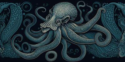 ai gegenereerd. ai generatief. gravure retro wijnoogst stijl Octopus houtsnede Linosnede illustratie. grafisch kunst foto