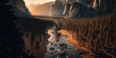 ai gegenereerd. ai generatief. foto realistisch illustratie van Verenigde Staten van Amerika Amerikaans yosemite nationaal park in de avond ochtend. avontuur onderzoeken uitstraling. grafisch kunst