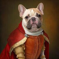 ai gegenereerd. ai generatief. foto realistisch illustratie van schattig Frans bulldog frenchie hond in geschiedenis Renaissance kleding kostuum. grafisch kunst