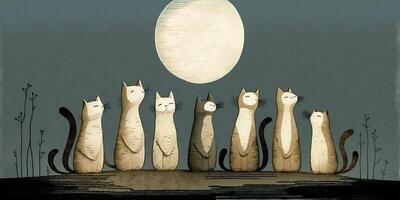 ai gegenereerd. tekenfilm illustratie van katten op zoek Bij maan. nabij magie romantisch uitstraling. geïnspireerd door jon klassen. ai generatief. grafisch kunst foto