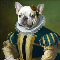 ai gegenereerd. ai generatief. foto realistisch illustratie van schattig Frans bulldog frenchie hond in geschiedenis Renaissance kleding kostuum. grafisch kunst