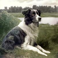 ai gegenereerd. ai generatief. foto realistisch oud wijnoogst retro foto illustratie van huisdier schattig hond. hand- gekleurde fotografie. grafisch kunst