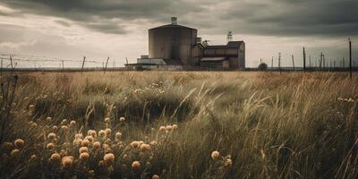 ai generatief, ai gegenereerd. nucleair atomair macht fabriek elektrisch strekking. donker humeur ecologie Gevaar uitstraling. grafisch kunst foto