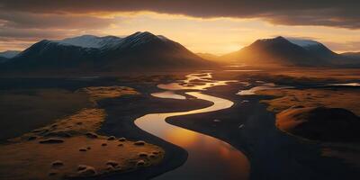 ai gegenereerd. ai generatief. macro schot antenne dar visie van IJsland landschap tafereel. filmische avontuur onderzoeken uitstraling. grafisch kunst foto