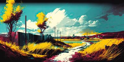 ai gegenereerd. ai generatief. illustratie achtergrond van geel wijnoogst retro veld- landschap. inkt verf borstel tekening abstract graffiti kunst. grafisch kunst foto