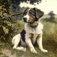 ai gegenereerd. ai generatief. foto realistisch oud wijnoogst retro foto illustratie van huisdier schattig hond. hand- gekleurde fotografie. grafisch kunst