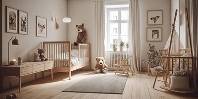 ai gegenereerd. ai generatief. fotorealistisch kinderkamer kamer in knus warm familie Scandinavisch stijl. huis appartement levensstijl liefde groot familie kinderen uitstraling. grafisch kunst foto