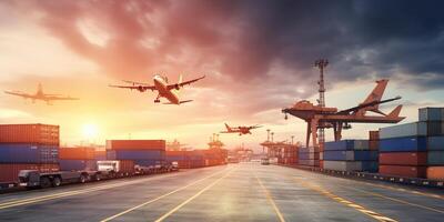 ai generatief. ai gegenereerd. foto realistisch schot van zee haven lading met schepen en containers. logistiek bedrijf vervoer doc. grafisch kunst