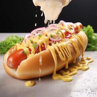 sappig hotdog met kruiden, toppings, ketchup, mayonaise, en vers salade. kleurrijk en smakelijk tegen donker achtergrond. ai gegenereerd foto