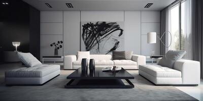 ai gegenereerd. ai generatief. macro schot van foto realistisch leven luxe kamer in minimalistisch stijl. rijk kalmte uitstraling. grafisch kunst