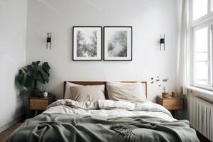 perfect gemaakt bed met een afbeelding kader bovenstaande. helder kamer . ai gegenereerd foto