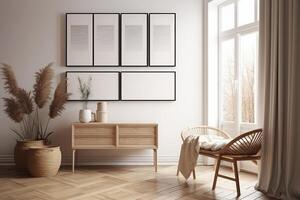 mockup poster kader in modern beige huis interieur, Scandinavisch stijl . ai gegenereerd foto