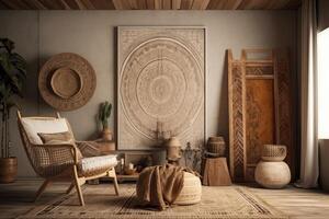 mockup kader in nomadisch boho interieur achtergrond met rustiek decor . ai gegenereerd foto