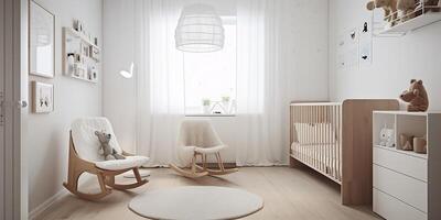 ai gegenereerd. ai generatief. fotorealistisch kinderkamer kamer in knus warm familie Scandinavisch stijl. huis appartement levensstijl liefde groot familie kinderen uitstraling. grafisch kunst foto