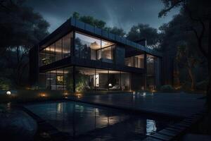 buitenkant, donker luxe huis met zwemmen zwembad in Woud, nacht, concept modern. . ai gegenereerd foto