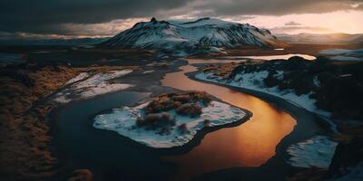 ai gegenereerd. ai generatief. macro schot antenne dar visie van IJsland landschap tafereel. filmische avontuur onderzoeken uitstraling. grafisch kunst foto