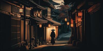 ai gegenereerd. ai generatief. foto realistisch fotografie illustratie van oude oud wijnoogst retro Japan Kyoto stad. avontuur Aziatisch exploratie uitstraling. grafisch kunst