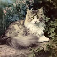 ai gegenereerd. ai generatief. jaren 1910 wijnoogst retro gekleurd foto realistisch fotografie illustratie. pen dier pot kat kom tot rust uitstraling. grafisch kunst