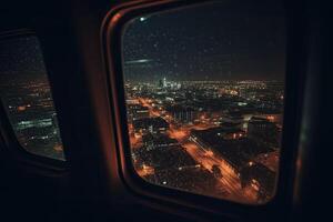 visie van de nacht stad van de vliegtuig venster. nacht stadsgezicht. reizen en toerisme. generatief ai foto