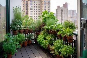 een tuin Aan een grootstedelijk appartement balkon met planten groeit omhoog de kanten. generatief ai foto