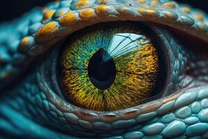 dichtbij omhoog van kleurrijk hagedis oog. een macro van een reptiel multi gekleurde oog. generatief ai foto