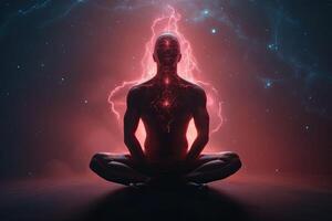 mediteren Mens. concept van geestelijk oefening, chakra's en astraal lichaam activering. generatief ai foto