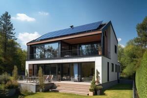 zonne- panelen Aan een geveltop dak. mooi, groot modern huis en zonne- energie. generatief ai foto