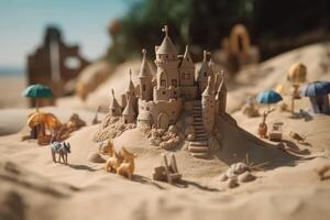 zand kasteel met torens Aan de kust van de zanderig strand blauw zee. generatief ai foto