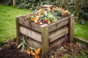 compost bak met voedsel kladjes en gras stekken. generatief ai foto