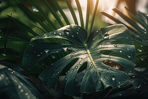 groen tropisch palm bladeren. natuur voorjaar concept. minimaal zomer oerwoud patroon. generatief ai foto