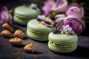 traditioneel Frans koekje macaron met pistache smaak. klein Frans taarten. zoet groen Frans macarons. generatief ai foto