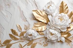 de marmeren structuur in wit en goud kleuren met gouden bloemen. luxueus ontwerp behang. generatief ai foto