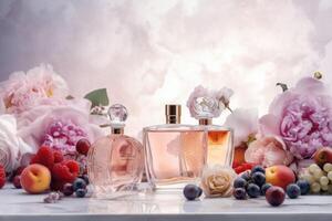 parfum flessen, bloemen en fruit Aan licht achtergrond. generatief ai foto