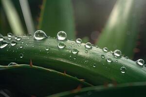 aloë vera met de regen druppels. een dichtbij omhoog van groen bladeren van aloë. generatief ai foto