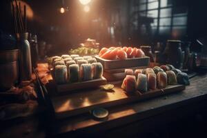 sushi reeks nigiri en sushi broodjes geserveerd Aan houten bord Aan donker achtergrond. generatief ai foto