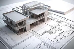 gebouw project plan. blauwdruk van een modern huis met 3d model. generatief ai foto