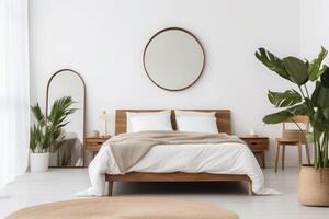minimalistische slaapkamer interieur ontwerp met koning bed, planten, kaders en spiegel. generatief ai foto