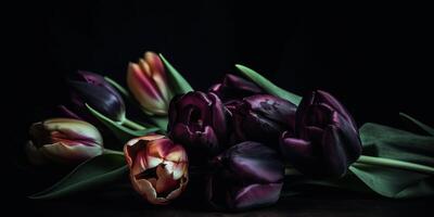 ai generatief. ai gegenereerd. esthetiek tulp bloemen patroon bespotten omhoog. geïnspireerd door tim burton donker humeur uitstraling. kan worden gebruikt voor decoratie of grafisch liefde ontwerp. grafisch kunst foto