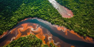 ai gegenereerd. ai generatief. foto realistisch illustratie van top visie dron amazon rivier- in de regen seizoen. avontuur tropisch onderzoeken uitstraling. grafisch kunst