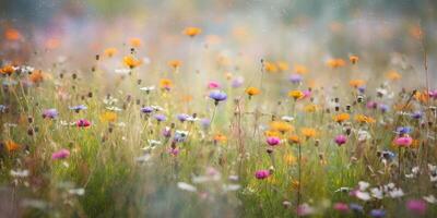 ai generatief. ai gegenereerd. wild bloemen voorjaar buitenshuis veld. romantisch natuur minnaar liefde esthetiek uitstraling. grafisch kunst foto