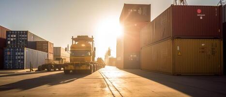 exporteren importeren Verzending Bij haven met Verzending houder onder de zonlicht. ai generatief foto