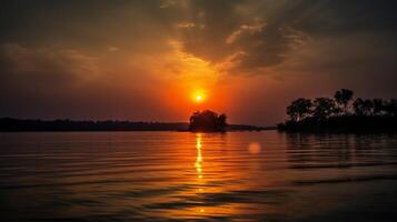 zonsondergang, zonsopkomst zomer landschap.mooi natuur.blauw lucht, verbazingwekkend kleurrijk wolken.natuurlijk achtergrond.lake, zon. ai generatief foto