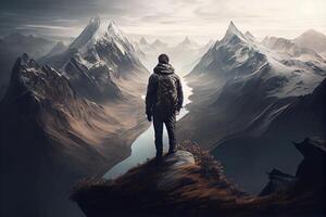 een persoon staand een top van berg. generatief ai. digitaal kunst illustratie foto