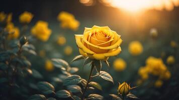 natuurlijk geel roos bloemen met een glinsterende zonsondergang licht, ai gegenereerd foto