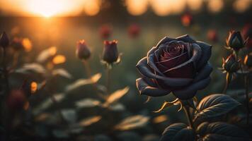 zwart roos bloem met glimmend zonsondergang licht, ai gegenereerd foto