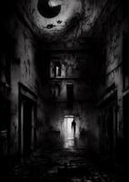 illustratie van de donker, eng, en gespannen atmosfeer binnen een psychiatrisch ziekenhuis, ai gegenereerd foto